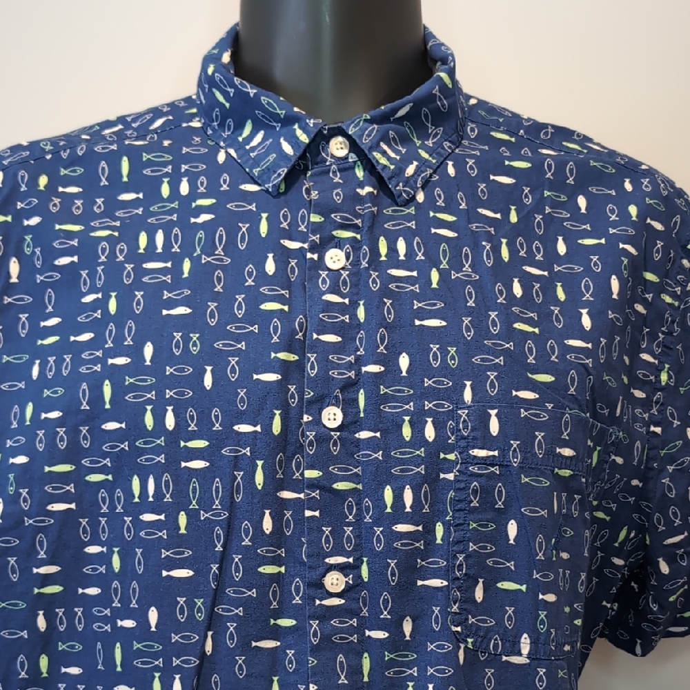 Nautica Blue Fish Print Button Front Shirt XXL